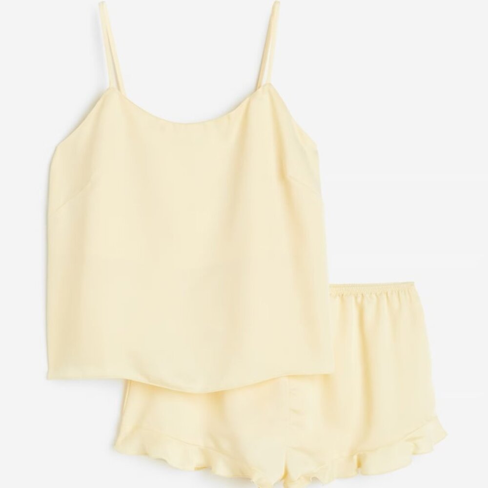 Butter Yellow Satin Cami Ruffle Short PJ Set with tie back